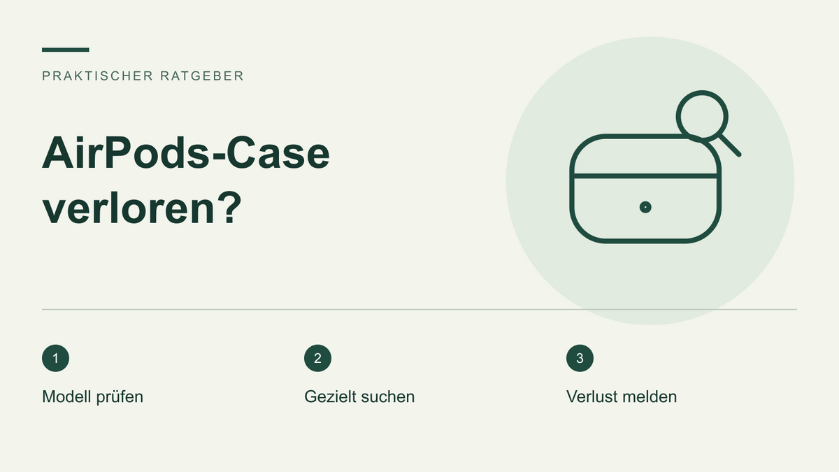 Schematische Illustration eines Kopfhörer-Ladecase mit Lupe und drei Suchschritten