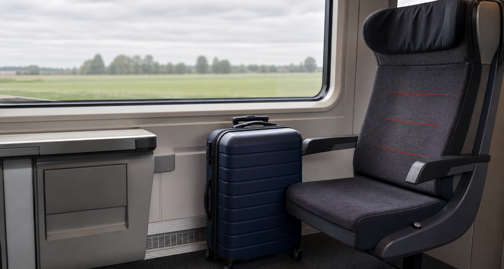 Reisekoffer neben einem Sitz in einem deutschen Zug