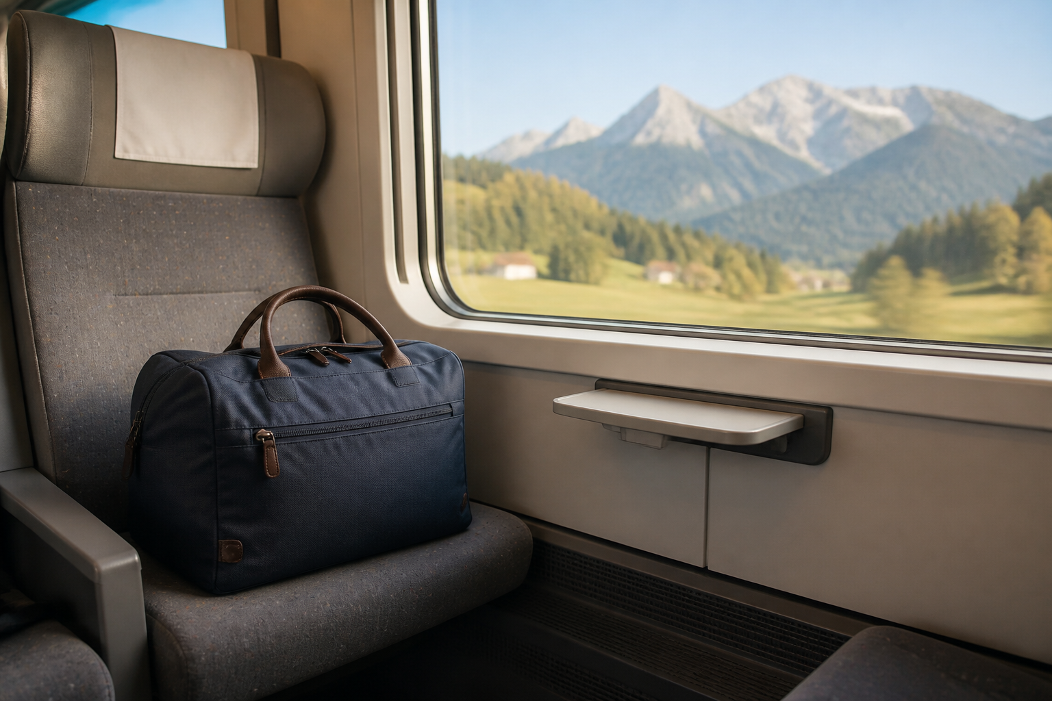Reisetasche auf einem Sitz in einem Schweizer Zug