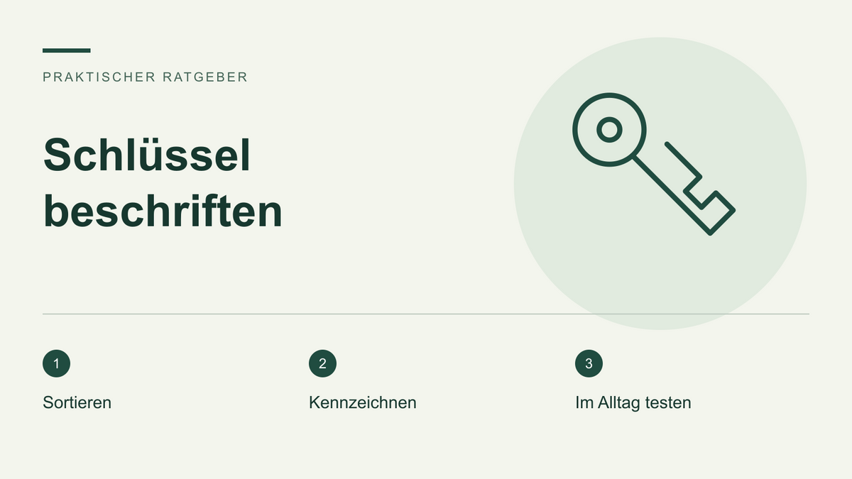 Illustration eines Schlüssels mit den Schritten Sortieren, Kennzeichnen und im Alltag testen