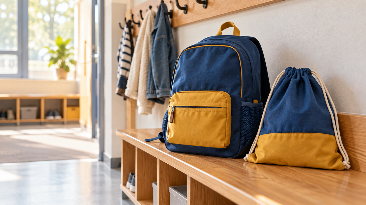 Schulranzen und Turnsack mit diskreter Kennzeichnung an einer Garderobe